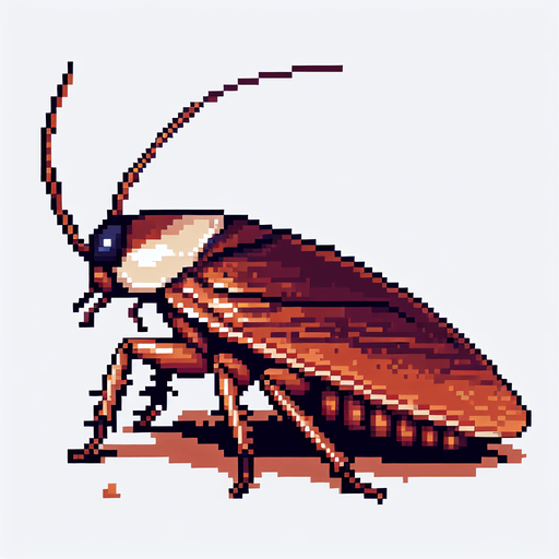 Genera una cucaracha de color marron que se vea solo de perfil mirando a la izquierda en pixel art.
Single Game Texture.  In-Game asset.  2d.  Blank background.  High contrast.  No shadows