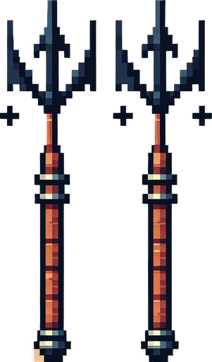 two harpoons looking up, retro, pixel.
Single Game Texture. In-Game asset. 2d. Blank background. High contrast. No shadows.