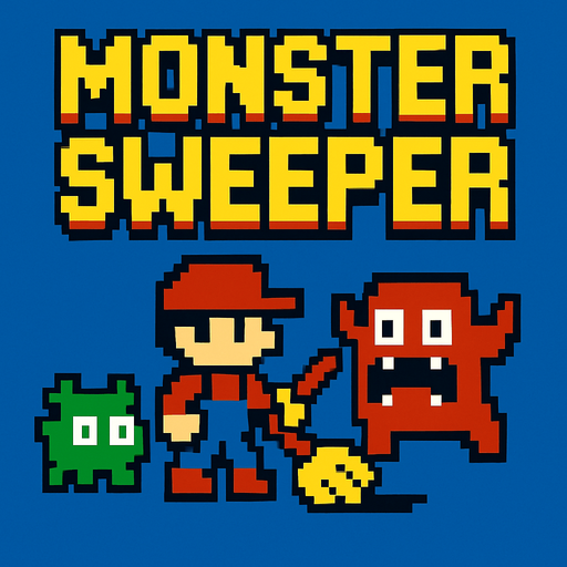 Retro pixel style from arcade. Title that reads: Monster Sweeper.
In-Game asset.  2d.  High contrast.  No shadows