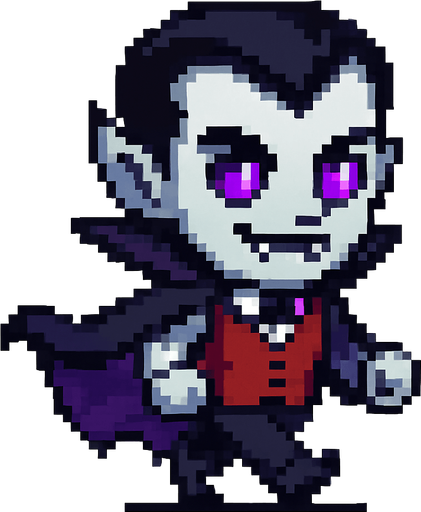 El vampiro debe ser un personaje pequeño y estilizado en estilo pixel art, con piel pálida o gris clara, ojos rojos o morados brillantes, colmillos visibles en una leve sonrisa y una capa negra o púrpura que se mueva ligeramente al caminar; debe llevar un traje elegante con chaleco rojo, camisa blanca y pantalones oscuros, y tener el clásico peinado de viuda con cabello negro bien marcado; su expresión puede ser confiada o misteriosa, y la animación puede incluir un leve flote o agitación de la capa; todo debe ser caricaturesco y simpático, sin parecer aterrador, con fondo transparente para integrarse en un juego casual o fantástico..
In-Game asset.  2d.  High contrast.  No shadows
