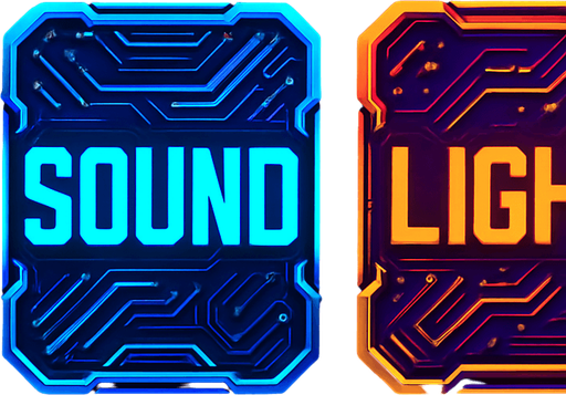Buttons assets with same colors and shape with text 'music', 'sound', 'light'. cyberpunk. abstract. futuer. different colors. HD colors.
In-Game asset.  2d.  High contrast.  No shadows