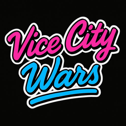 letras de color rosa y azul y con cursiva que digan vice city wars.
In-Game asset.  2d.  High contrast.  No shadows