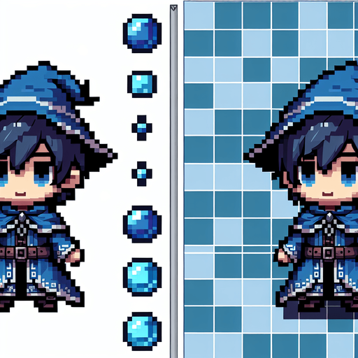 blue chibi mage 8 bit image.
Single Game Texture.  In-Game asset.  2d.  Blank background.  High contrast.  No shadows