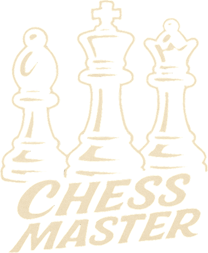 en altla havalı kalın ve grafik çizim olarak italik bir yazıyla Chess Master yazan koyu renk temalı 3 adet ortada büyük şah sağda vezir ve solda fil olacak şekilde satranç taşları.
In-Game asset.  2d.  High contrast.  No shadows