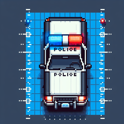 Top-down view of a pixel art police car with flashing red and blue lights, 64x64, arcade retro style".
Single Game Texture.  In-Game asset.  2d.  Blank background.  High contrast.  No shadows