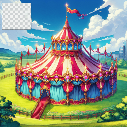 anime circus tent field.
Single Game Texture.  In-Game asset.  2d.  Blank background.  High contrast.  No shadows