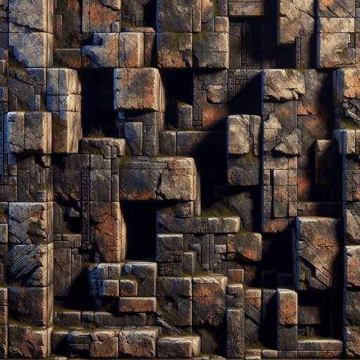 Les murs du labyrinthe sont massifs, faits de pierre vieillie et recouverts de lichens et de mousses qui ajoutent une touche d'humidité et d'abandon. Leur texture est rugueuse, avec des fissures profondes qui laissent deviner l’âge et l’histoire de ce lieu oublié.

    Couleur : La couleur des murs varie, mais elle est dominée par des tons sombres : gris foncé, marron, et parfois des touches d'ocre là où l'humidité a pris ses marques. Ils semblent presque absorbers la lumière de la torche du personnage, rendant l'atmosphère encore plus oppressante. De temps à autre, des éclats métalliques ou des traces de rouille peuvent se deviner sur les bords, suggérant des artefacts oubliés du passé.

    Forme et structure : Les murs ne sont pas droits. Ils sont souvent irréguliers, déformés, avec des angles aigus ou des corners inattendus qui surprennent le joueur et compliquent son déplacement. Certains murs peuvent même être en partie effondrés, créant des passages secrets ou des obstacles qu'i.
Single Game Texture.  In-Game asset.  2d.  Blank background.  High contrast.  No shadows