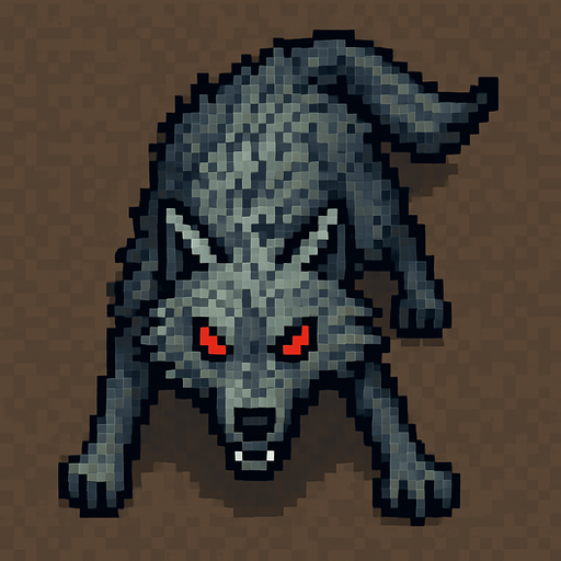 “Top-down 2D pixel art of a light gray wolf with glowing red eyes. The wolf is in an aggressive stance, body low and tense as if ready to pounce or stalking prey. Fur is rough and slightly wind-blown. Viewed directly from above, with visible head, back, legs, and tail. Designed as a game sprite with a hostile and wild appearance.”.
In-Game asset.  2d.  High contrast.  No shadows