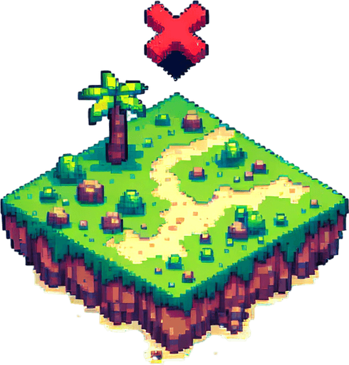 isometric tiny mini pirate island that floats in the sky. an red painted X marks the spot located in the center of the map. pixelated. 8 bit..
Single Game Texture. In-Game asset. 2d. Blank background. High contrast. No shadows.