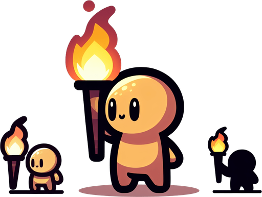 Si tu souhaites créer un personnage tenant une torche pour ton jeu, voici quelques conseils pour le design :

    Design du personnage :

        Proportions simples : Garde le design du personnage simple et épuré, avec une silhouette facilement reconnaissable. Il pourrait être petit et mignon, dans un style cartoon.

        Torche : La torche devrait être grande par rapport à la taille du personnage, avec une flamme vive pour ajouter du dynamisme. Assure-toi que la flamme est visible et lumineuse, avec des dégradés de jaune et orange..
Single Game Texture.  In-Game asset.  2d.  Blank background.  High contrast.  No shadows