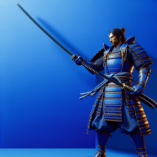blue armored samurai with long katana.
Single Game Texture.  In-Game asset.  Blank background.  High contrast.  No shadows