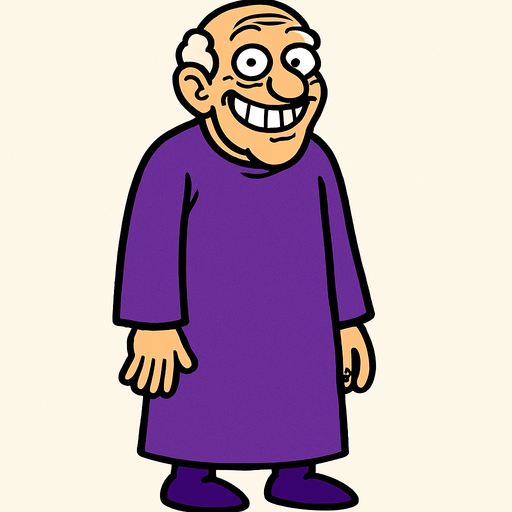 yaşlı, üzerinde mor bir cübbe olan, ve mal mal sırıtan bir adam. vücudu tamamen görünür.
In-Game asset.  2d.  High contrast.  No shadows