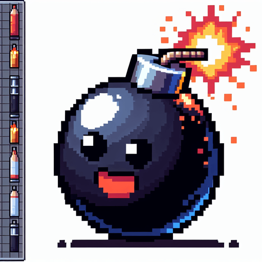 a cartoon bomb. bright. shiny. pixel art. no text. front view. already lit..
Single Game Texture. In-Game asset. 2d. Blank background. High contrast. No shadows.