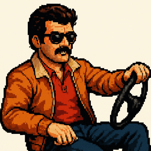 pixel art image of a 34-year-old cool-looking driver guy in a vintage retro 1980s style, Turkish style depicted in a 3/4 view. The driver should be leaning back casually, exuding confidence and style, with one hand on the wheel as if driving. Single Game Texture. In-Game asset. 2d. Blank background. High contrast. No shadows.
