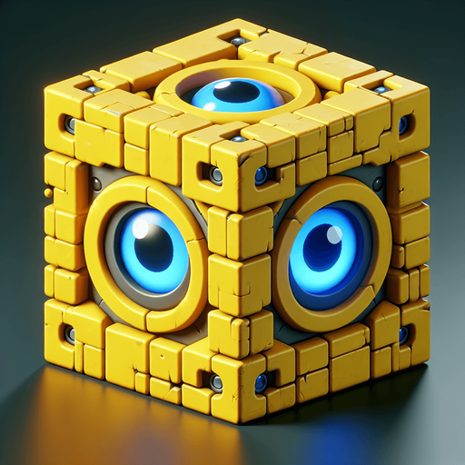 yellow cube with blue eyes.
Single Game Texture. In-Game asset. 2d. Blank background. High contrast. No shadows.