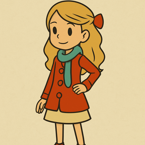 12yo blonde girl in professor Layton game style.
In-Game asset.  2d.  High contrast.  No shadows