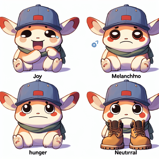 a cute monster in 4 emotions (happy, sad, hungry and neutral) wearing a snapback and Timberland shoes in Anime theme Single Game Texture. In-Game asset. 2d. Blank background. High contrast. No shadows.