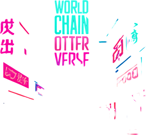 Generate a 4K cyberpunk street market scene at dusk: crowded neon stalls, glowing signage in kanji and Latin scripts, and slick pavement reflecting holographic ads. A towering LED banner proclaims ‘World Chain Otterverse’ in bold angular typography. Add drifting smoke from street food vendors, flickering drone traffic overhead, and a moody violet-cyan color palette—no characters or coins visible..
In-Game asset.  2d.  High contrast.  No shadows