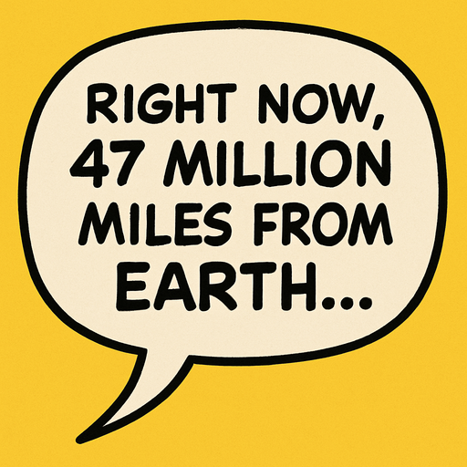 "Comic book illustration speech bubbles saying '"Right now, 47 million miles from Earth...' 
In-Game asset.  2d.  High contrast.  No shadows