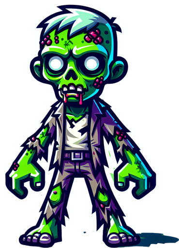 A cartoon style zombie.
Single Game Texture. In-Game asset. 2d. Blank background. High contrast. No shadows.