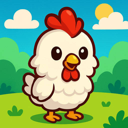 “A cute cartoon-style chicken character designed for a mobile game. White fluffy feathers, red comb and wattle, small yellow beak, round black eyes, tiny orange feet, standing upright with a cheerful expression. Colorful, simple background. High-quality digital illustration, ideal for a fun kids game.”.
In-Game asset.  2d.  High contrast.  No shadows. cartoon style