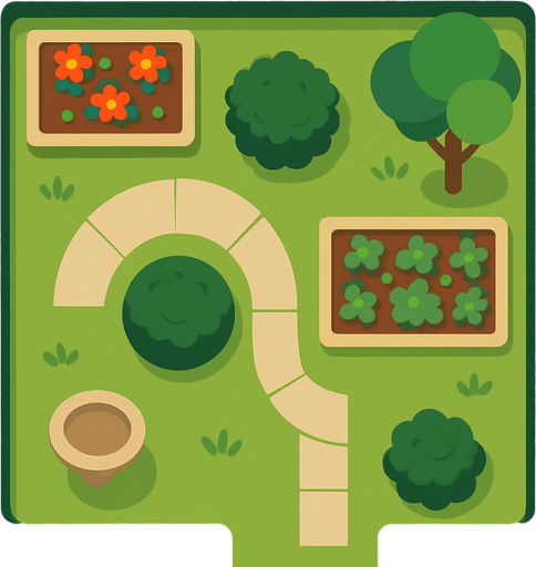 top view of a garden.
2d.  No shadows. In-game assetmodern, simple