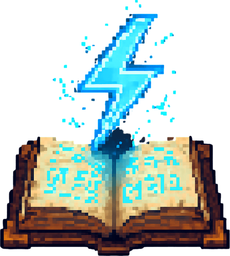 "2D pixel art of a glowing blue lightning bolt symbol emerging from an open magical spellbook. The book has ancient, worn covers and glowing runes on its pages. The lightning symbol floats above the book, made of bright blue magical energy, crackling with small sparks. It glows vividly, suggesting power and electricity. Designed in classic 16-bit fantasy RPG style. Transparent background.".
In-Game asset.  2d.  High contrast.  No shadows