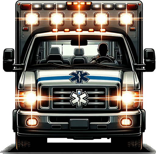 front of an ambulance with a silouhete of a driver..
video game style