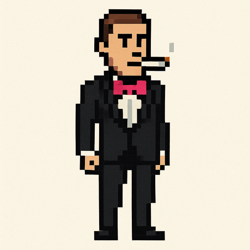 man in a black and white tuxedo with a pink bow tie and with a cigarette in his mouth, whole body shown 2d pixel art..
In-Game asset.  2d.  High contrast.  No shadows