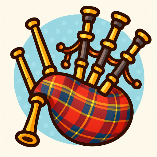 A fun, cartoony illustration of Scottish bagpipes with a tartan pattern. Rounded edges, high-contrast details, and transparent rounded background. Designed as an icon for a world music game..
In-Game asset.  2d.  High contrast.  No shadows