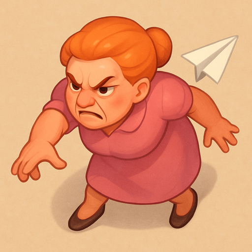 A lady that just threw a paper plane and is leaned forward due to that. She has a pink dress and orange hair. She looks like she has been working in an office for 40 years. Make her look angry as fuck. Cute soft graphics. soft ambient light. semi-matte to satin surfaces. naturalistic with slight saturation boost colors. 
In-Game asset.  2d.  High contrast.  No shadows. top down. View from above.