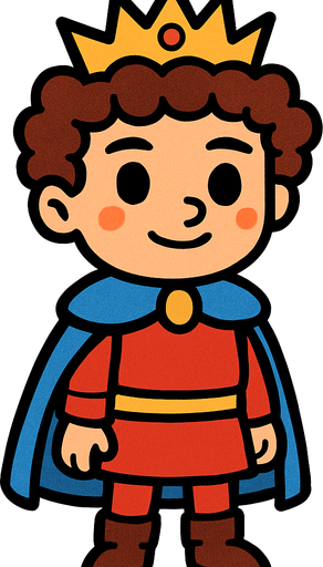 prens kıvırcık saçlı ayakta sakalsız.
In-Game asset.  2d.  High contrast.  No shadows