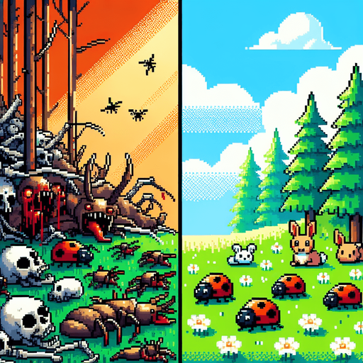 grma dengra de uhna mitad con bichos malignos atacando a personas y en la otra mitad grama verde llamativa con animales de bosque adorables
pixel art.
Single Game Texture.  In-Game asset.  2d.  Blank background.  High contrast.  No shadows