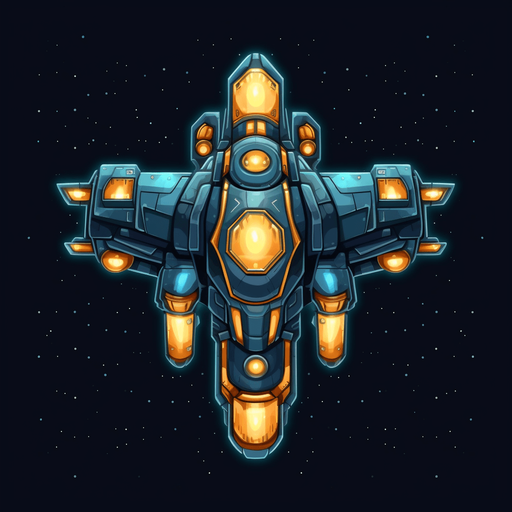 Hero Spaceship, flying up, single cannon in the center
Game Texture. In-Game asset. 2d. Pixelart. blank background. Low detail. High contrast.