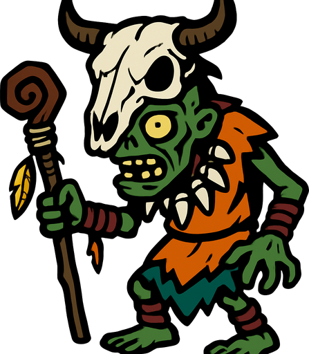 A shaman zombie,head wearing a cow skull.
In-Game asset.  2d.  High contrast.  No shadows