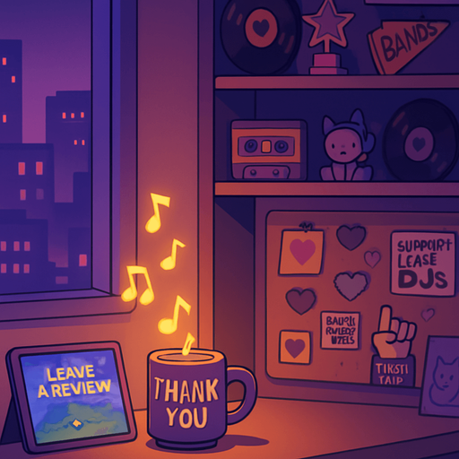 A 2048x2732 vertical background illustration in a semi-realistic comic book style. The scene takes place in another corner of the same urban apartment — this time showing an open space near a shelf filled with music memorabilia, fan-made items, and a pinboard with stickers like “Support Local DJs”, “Upvote Love”, and pixel-style hearts. A tablet on the desk is open to a game page with a “Leave a review” banner. There’s a soft spotlight on a coffee mug with “Thank you” written on it and glowing music notes floating around it. The city lights outside still shine in purples and blues, but this part of the room feels more hopeful and connected. The vibe is warm, welcoming, and subtly celebratory. No characters or text. In-game menu background, consistent with main menu themes..
In-Game asset.  2d.  High contrast.  No shadows
