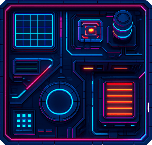 2D Top floor of complicated tower facing the screen to use it as a grid. future. Cyberpunk+abstract style. neon lights. seen from above. HD colors. No Diagonal assets.