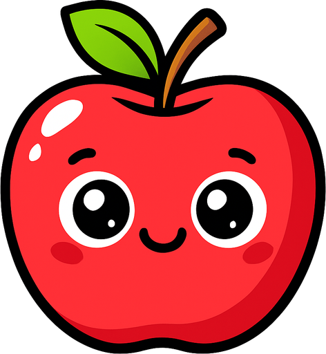 Manzana Fruta con ojos lindos.
In-Game asset.  2d.  High contrast.  No shadows. Cartoon.