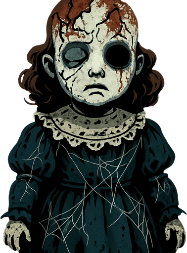 one scary porcelain doll. It is clear from the whiteness of his skin that he has been standing there for years, one eye is completely closed and one eye is open but he has no eyes (jet black). She has suffered blows for years, fractures and burns on her head, and her beautiful dress is covered with cobwebs..
In-Game asset.  2d.  High contrast.  No shadows