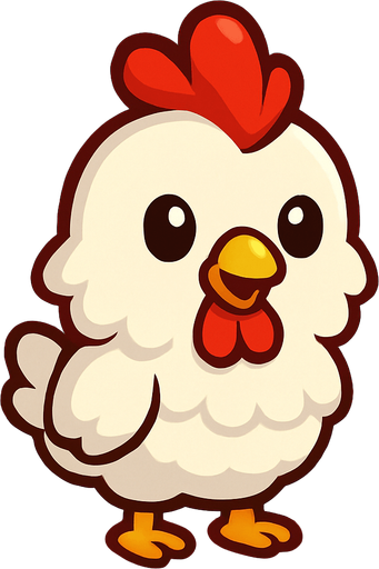 “A cute cartoon-style chicken character designed for a mobile game. White fluffy feathers, red comb and wattle, small yellow beak, round black eyes, tiny orange feet, standing upright with a cheerful expression. Colorful, simple background. High-quality digital illustration, ideal for a fun kids game.”.
In-Game asset.  2d.  High contrast.  No shadows. cartoon style