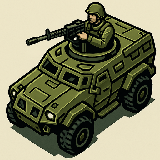 Paletli zırhlı araç araçta taramalı tüfek ve başında asker var üstten bakış.
In-Game asset.  2d.  High contrast.  No shadows
