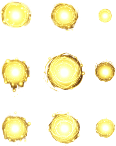 A sprite sheet of different round wisps. Like fireflies. Yellow in color, very bright center with a dimmer aura on the outside. 

Single Game Texture. In-Game asset. 2d. Blank background. High contrast. No shadows.