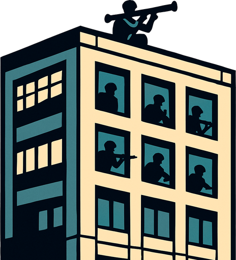 büyük modern bir bina, bazı camlarında silahlı insanlar var, çatısında roket atar var..
In-Game asset.  2d.  High contrast.  No shadows