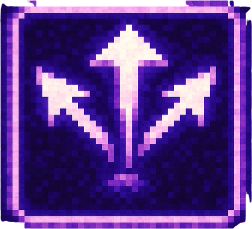 Pixel art of a violet power-up icon with three small arrows or projectiles spreading outward. Represents multishot power in a retro-style game. Glowing, pixelated square icon.
In-Game asset.  2d.  High contrast.  No shadows
