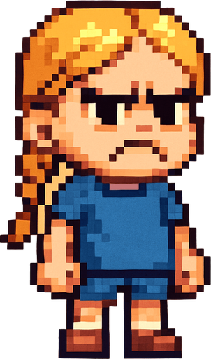 bad regular frown casual girl kid blonde hair braided full body 2d pixel art.
In-Game asset.  2d.  High contrast.  No shadows