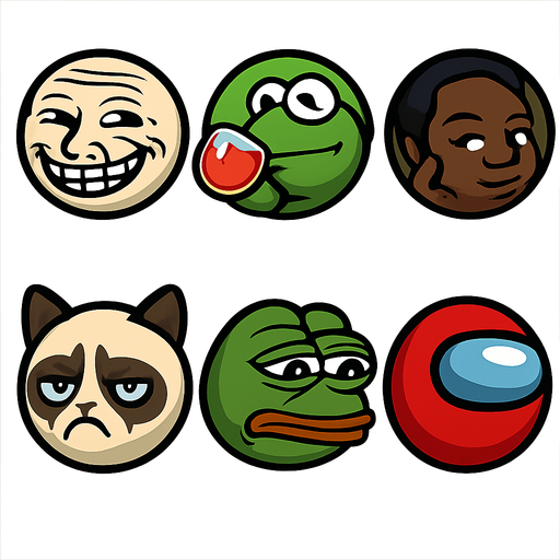 sprite sheet of famous modern meme faces of: Trolololo, Kermit sips tea, Think black Guy, Grumpy Cat, Pepe the frog, among us. each face shaped as a round marble shaped face made in blender 3D..
In-Game asset.  2d.  High contrast.  No shadows