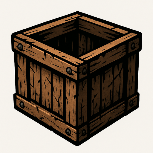 "An open-top, cube-shaped wooden crate found during the zombie outbreak. png format. no background".
In-Game asset.  2d.  High contrast.  No shadows. cartoon