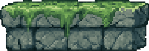 Stone platform sprite, solid gray granite texture with green moss covering, ancient ruins style, rectangular shape, weathered stone surface, small cracks and details, stable and heavy appearance, 2D pixel art, side view, transparent background.
In-Game asset.  2d.  High contrast.  No shadows