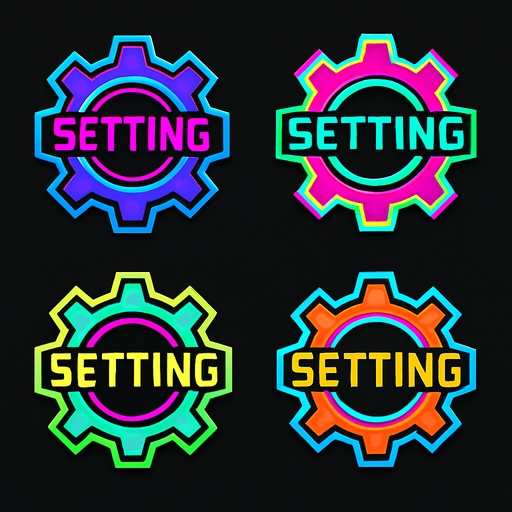 Setting buttons shapes as gears or cogs have text 'Setting'. HD colors. cyberpunk. Abstract. Different colors.
In-Game asset.  2d.  High contrast.  No shadows