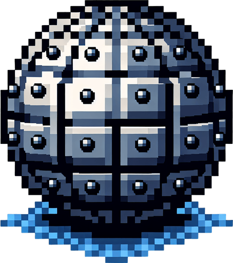 pixel art metal orb with rivets.
Single Game Texture. In-Game asset. 2d. Blank background. High contrast. No shadows.